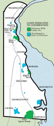 Map of Delaware showing the lands that are designated as Delaware Wild Lands as well as lands transferred to the State of Delaware.